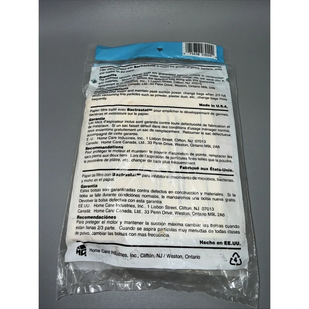 HomeCare No. 3020 Vacuum Bags 3 pk Electrolux tank Bactrastat Homecare